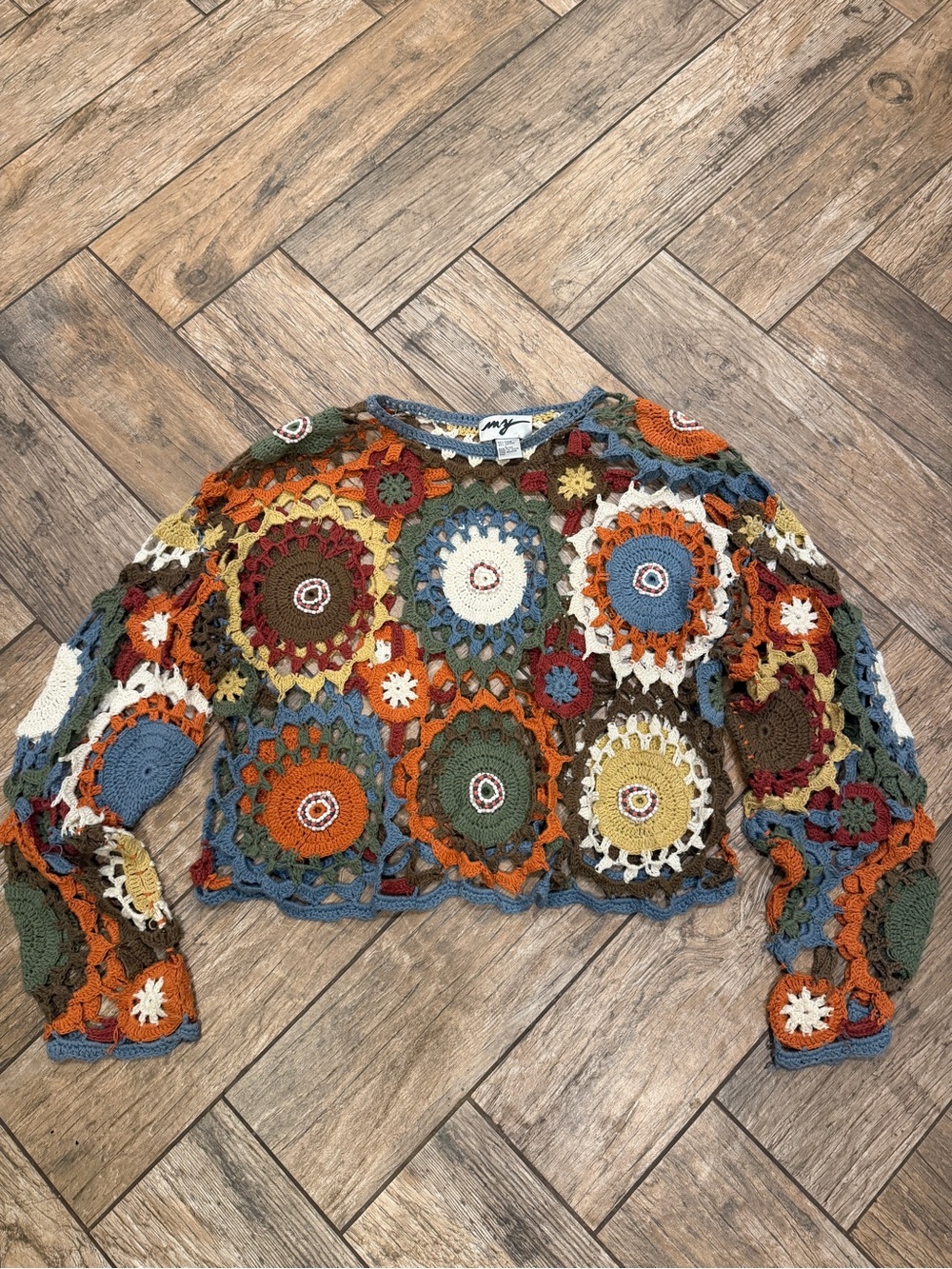 Vintage Crochet granny circle beaded sweater large boho cottagecore